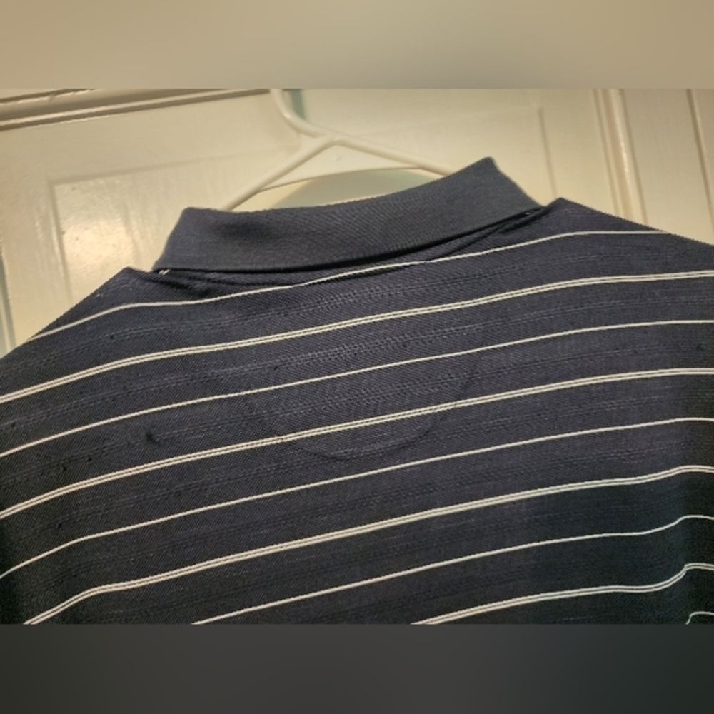 Navy Striped Pique Men's Collared Polo 3 top buttons. Large - Picture 10 of 10
